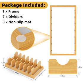 MinBoo bamboo 13-slot organizer with measured slots for lids and pans.