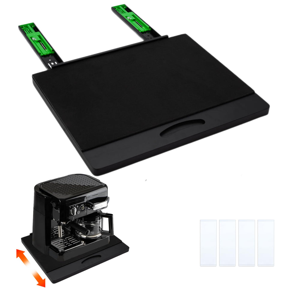 MinBoo bamboo appliance slider under-cabinet setup with a 16x13-inch tray for easy access