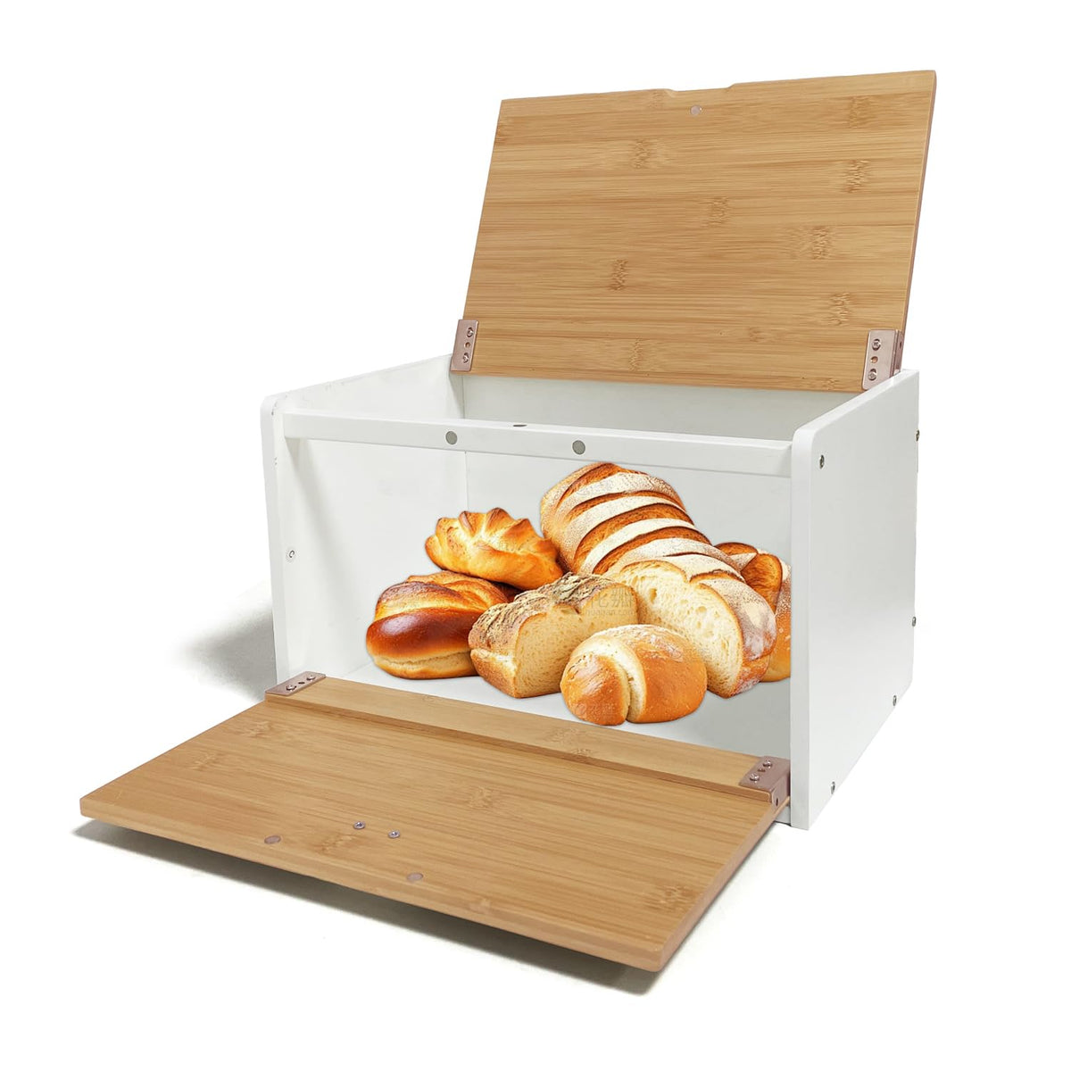 MinBoo bamboo bread box front view shows sturdy counter storage.