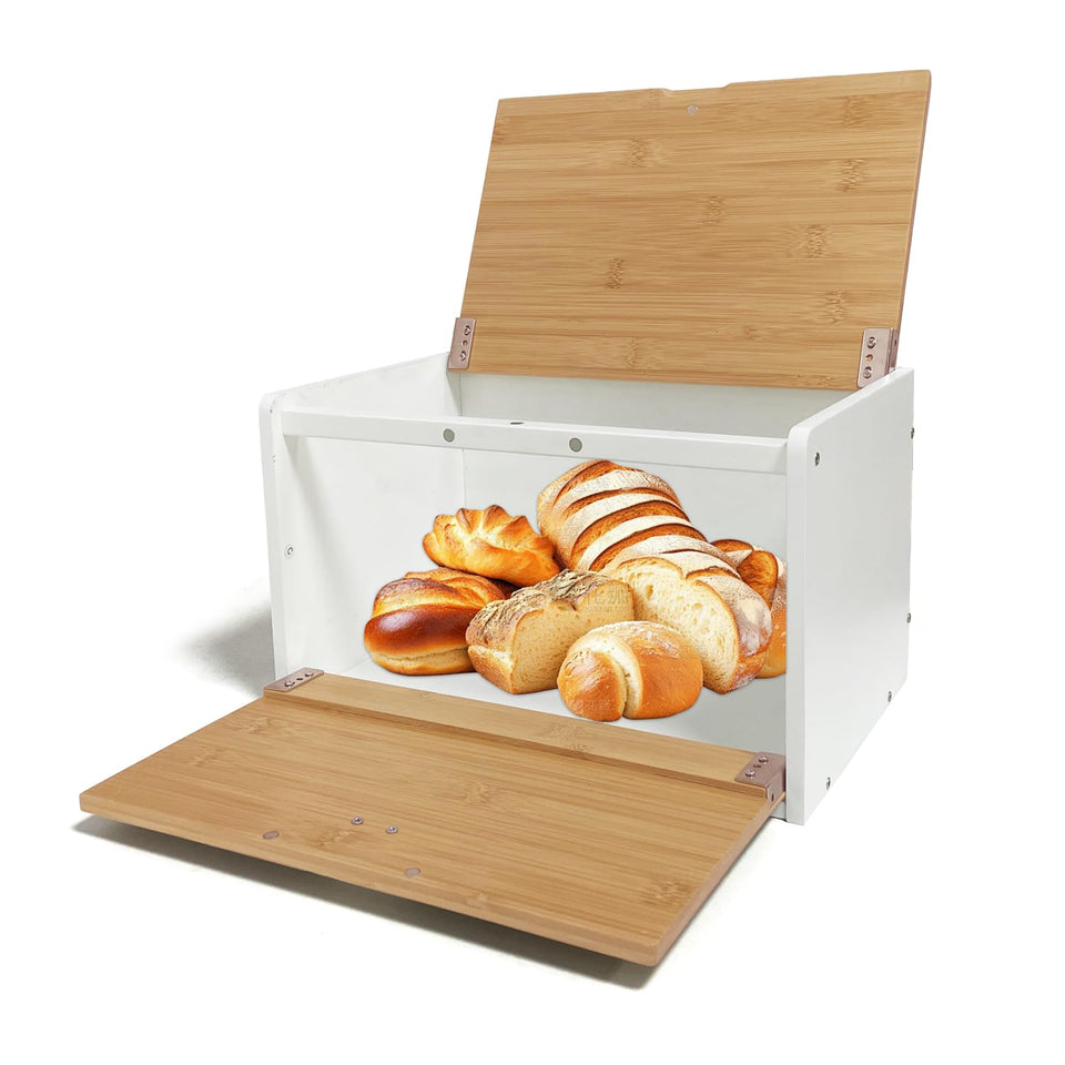 MinBoo bamboo bread box front view shows sturdy counter storage.