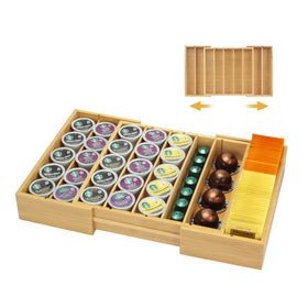 MinBoo Bamboo K Cup Holder expandable on counter for easy pod access.