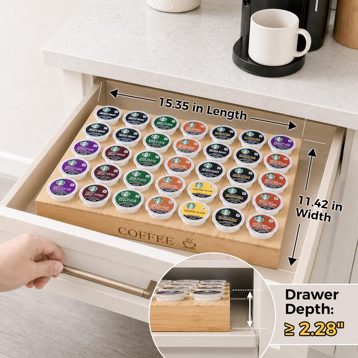 MinBoo bamboo K-Cup organizer in use, drawer storage for 35 pods