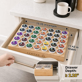 MinBoo bamboo K-Cup organizer in use, drawer storage for 35 pods