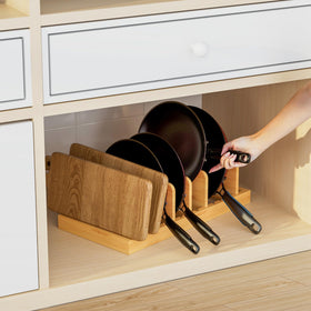 MinBoo bamboo pot lid organizer in drawer for efficient cabinet storage.