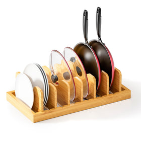 MinBoo bamboo pot lid organizer front view keeps lids neatly accessible.