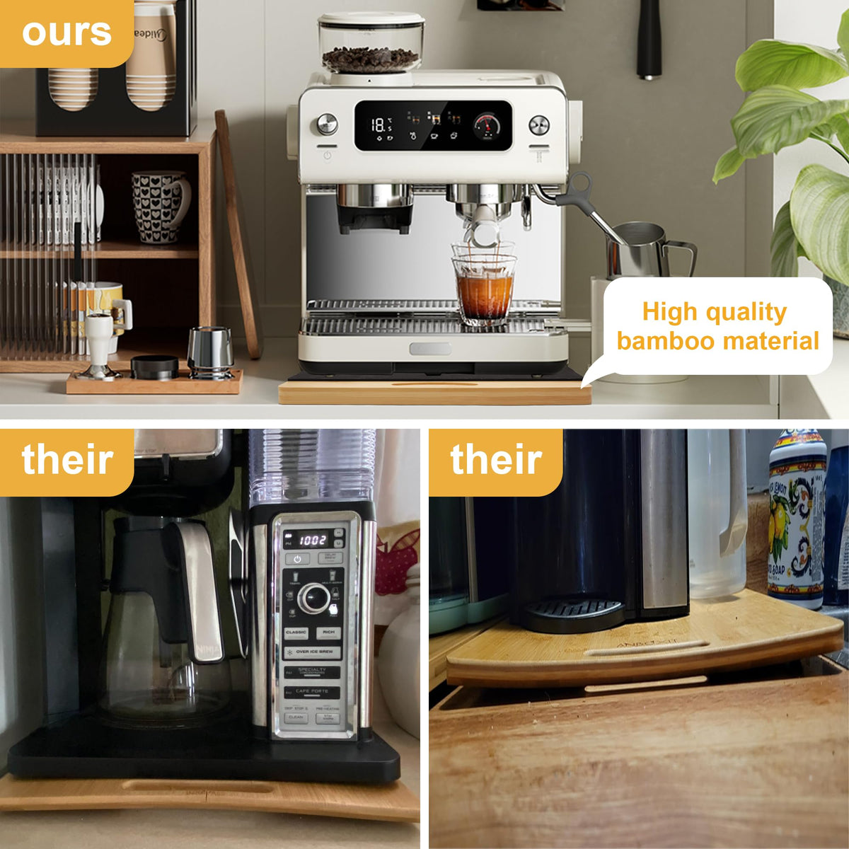 MinBoo bamboo slider with air fryer on tray keeps countertop organized.