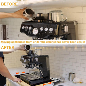 MinBoo bamboo slider coffee maker on tray facilitates quick morning refills.