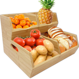 MinBoo Bamboo Stackable Pantry Bin with a 3-tier design for organized fruit and vegetable storage