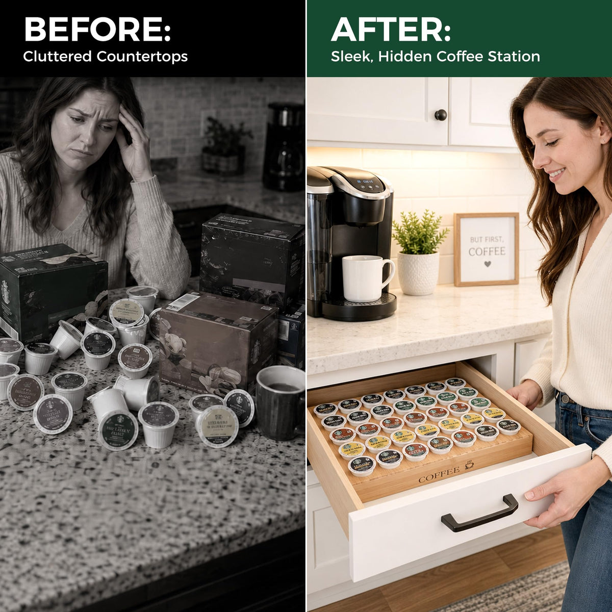 Countertop setup with MinBoo K-Cup pod organizer for easy reach