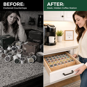 Countertop setup with MinBoo K-Cup pod organizer for easy reach