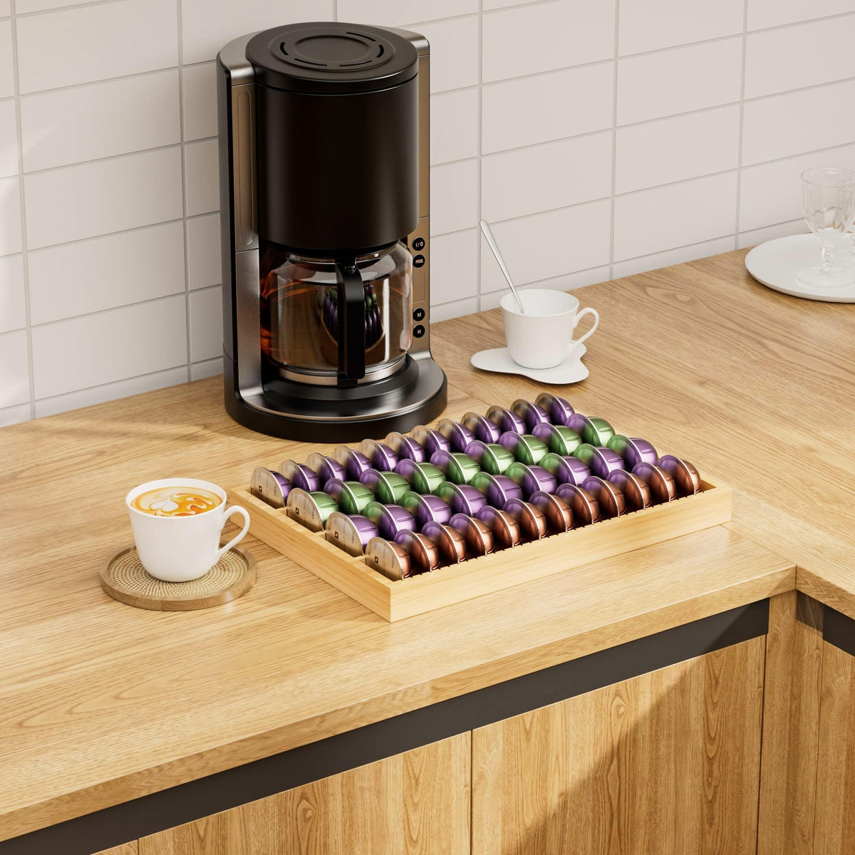 MinBoo coffee station setup demonstrates convenient pod storage