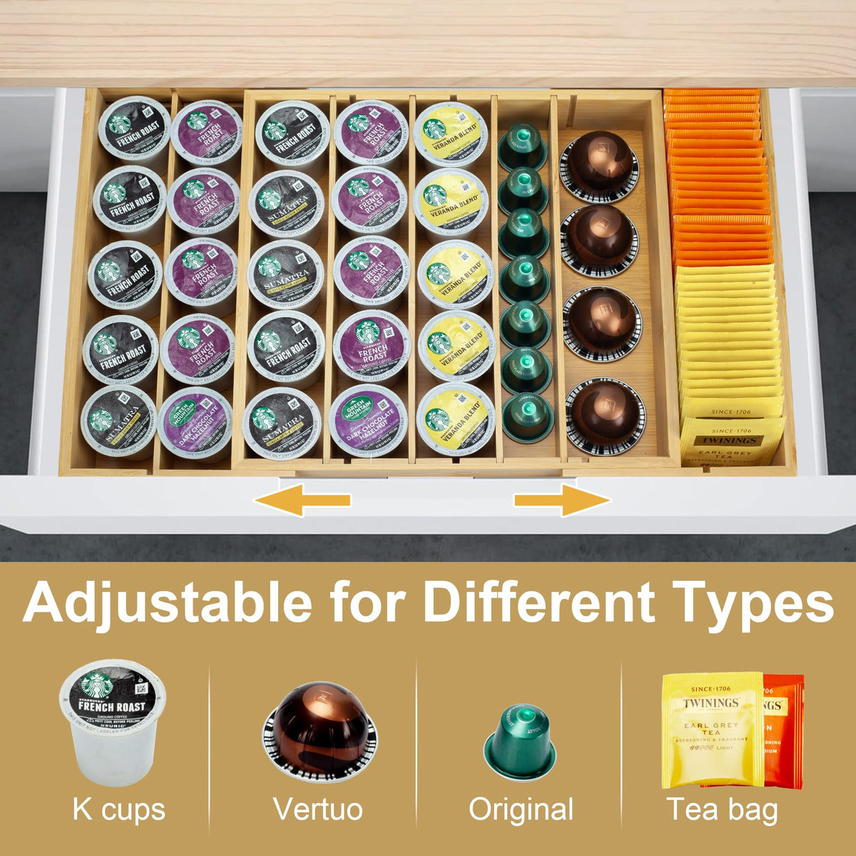 MinBoo drawer organizer for cups and tea simplifies storage.