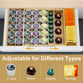 MinBoo drawer organizer for cups and tea simplifies storage.