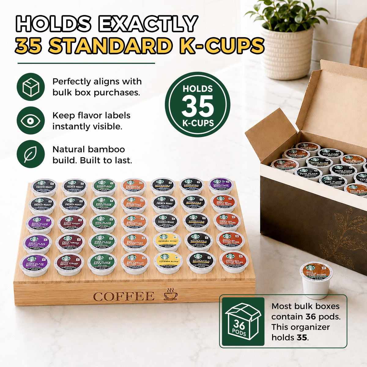 MinBoo bamboo K-Cup storage holds 35 pods on a counter
