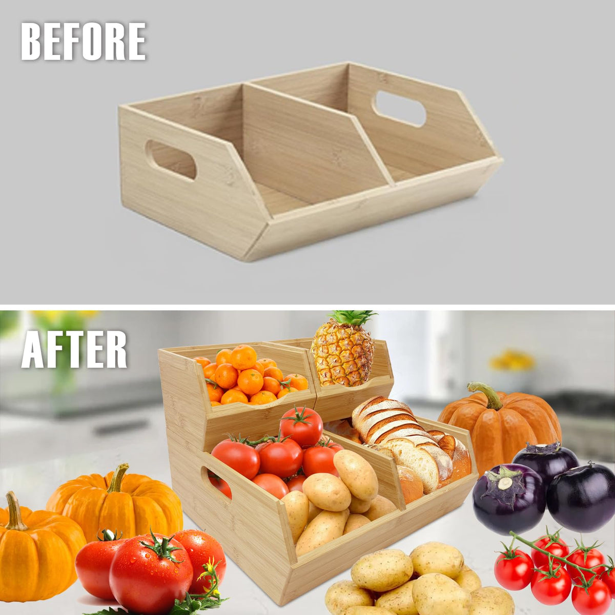 MinBoo kitchen display for fruits, vegetables, breads, and snacks adds a minimalist focal point