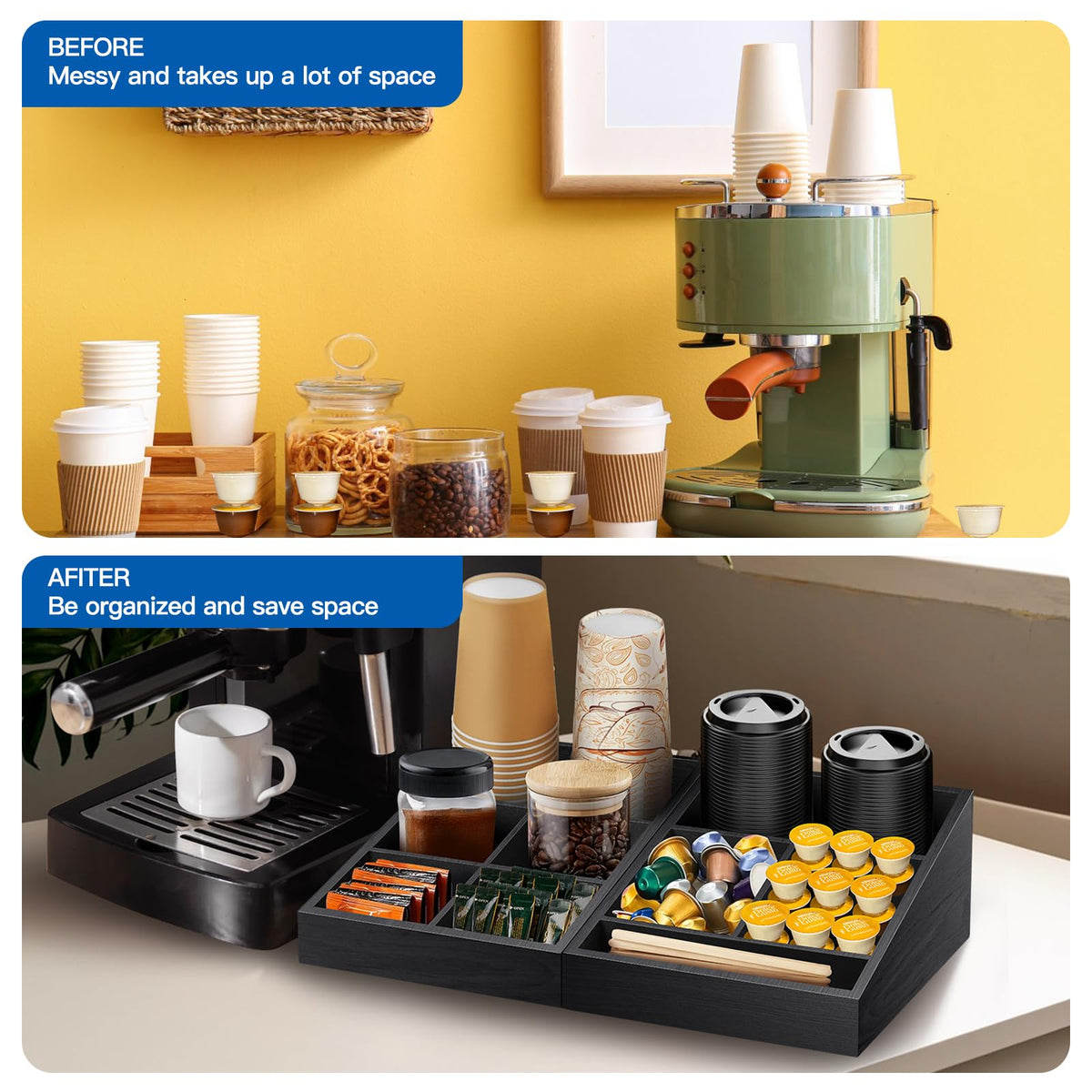 MINCORD 2-in-1 Coffee Station Organizer demonstrates flexible layout for space optimization.