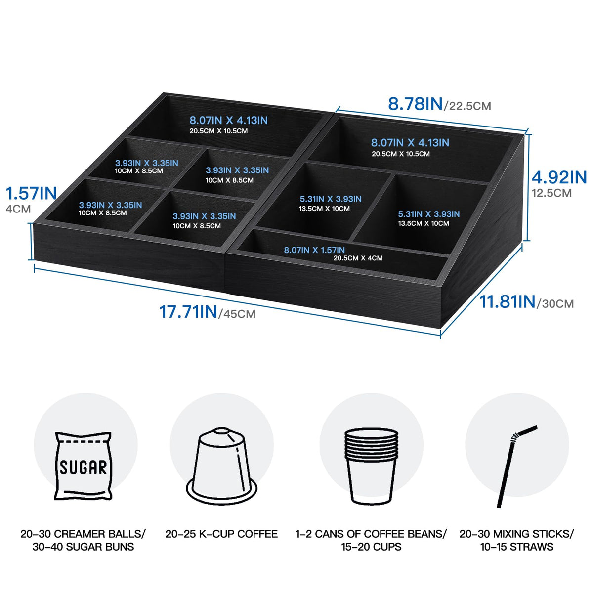 MINCORD Coffee Station Organizer neatly stores k-cups, sugar, tea, and creamers.