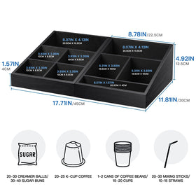 MINCORD Coffee Station Organizer neatly stores k-cups, sugar, tea, and creamers.