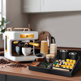 MINCORD Coffee Station Organizer in rustic wood finish showcases natural texture and sturdy construction.