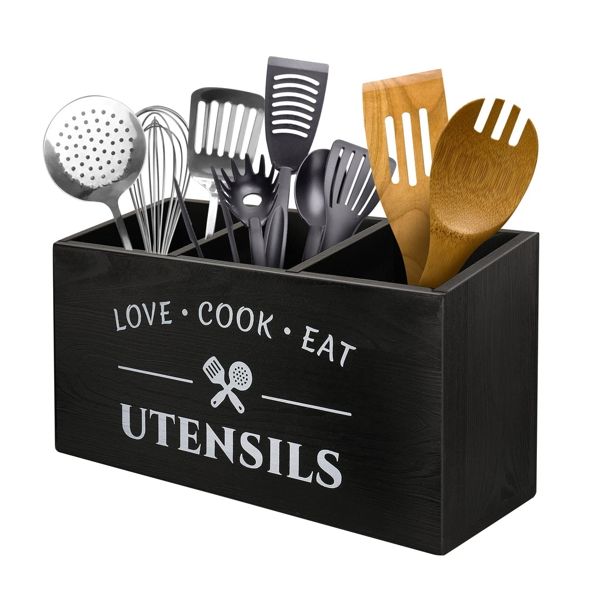 MINCORD kitchen utensil holder with three compartments keeps tools organized.