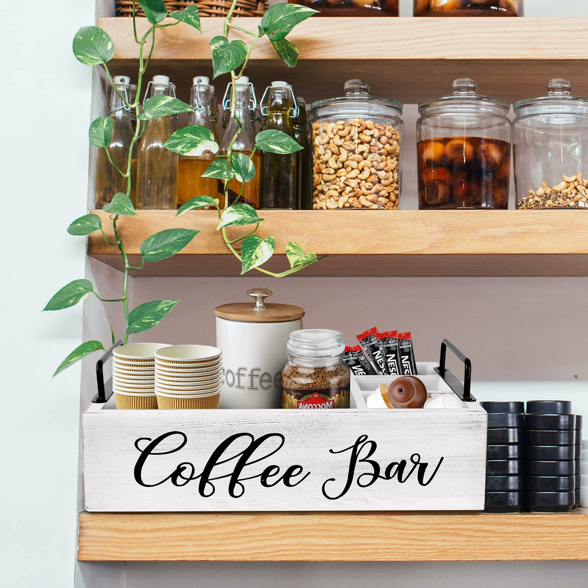 MINCORD office kitchen counter display creates a tidy beverage station.