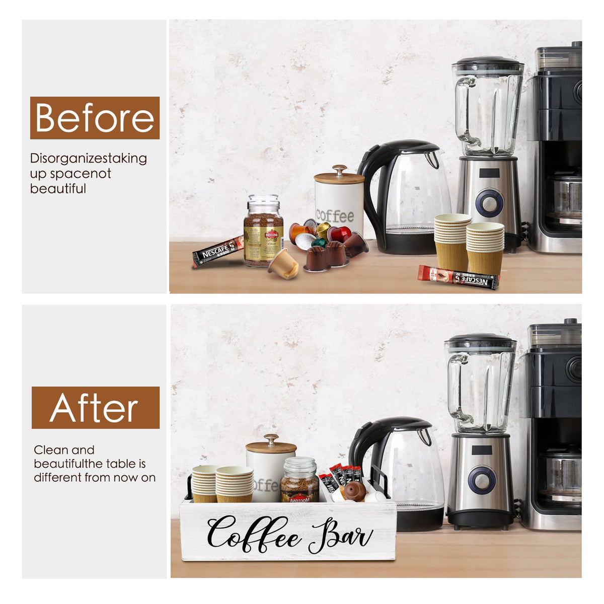 MINCORD rustic coffee bar decor on shelf enhances kitchen style and order.