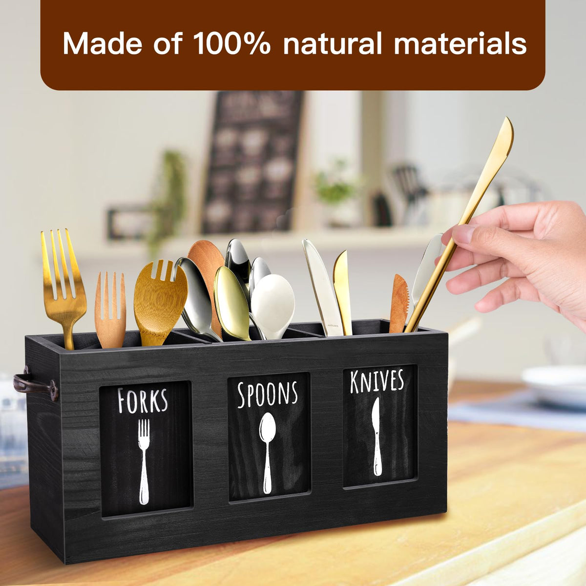 MINCORD wood flatware organizer on countertop boosts organization and aesthetics