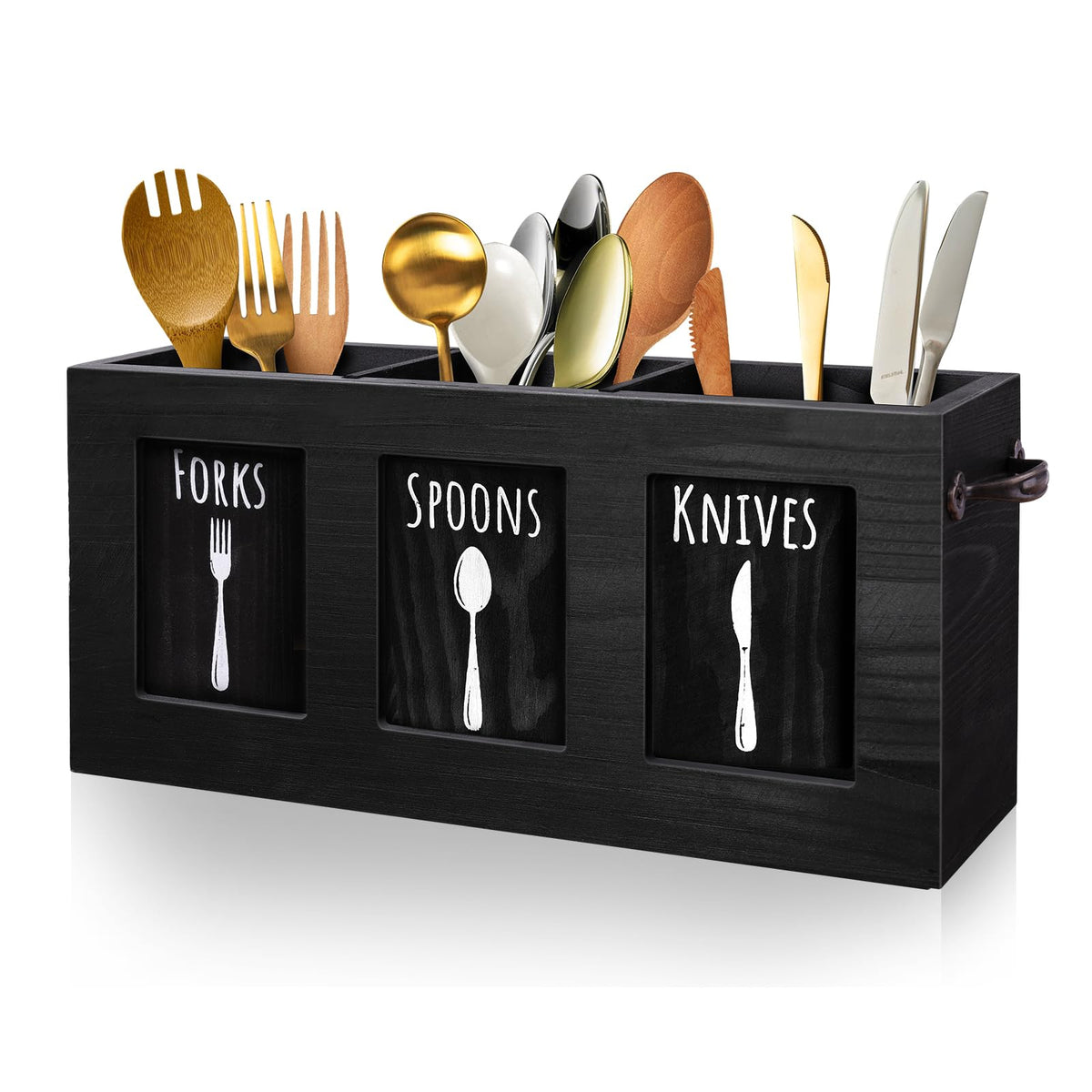 MINCORD wood flatware organizer, front view, with spacious compartments for easy counter access