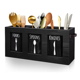 MINCORD wood flatware organizer, front view, with spacious compartments for easy counter access