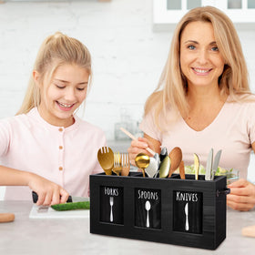 MINCORD wood flatware organizer, three labeled compartments for forks, spoons, and knives