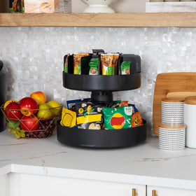 Mind Reader 2-Tier Snack Carousel 360-degree rotation highlights quick access to snacks and condiments.