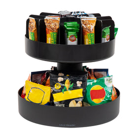 Mind Reader 2-Tier Snack Carousel front view shows easy-access storage on a compact counter.