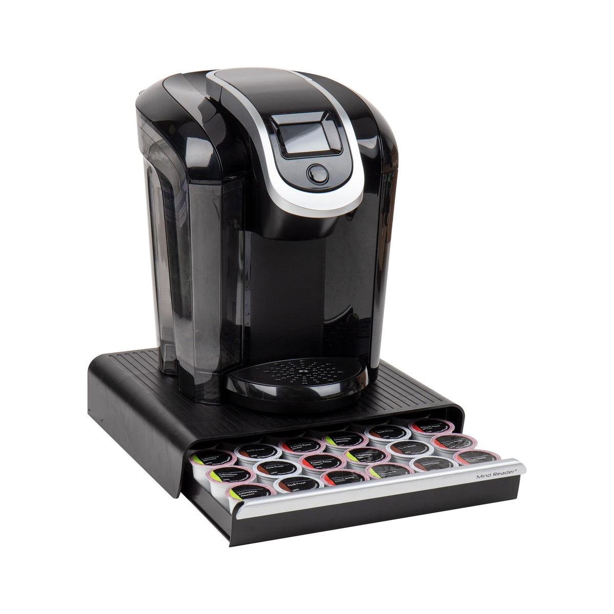 Mind Reader 36-Pod Drawer front view shows organized six-row storage for quick coffee picks