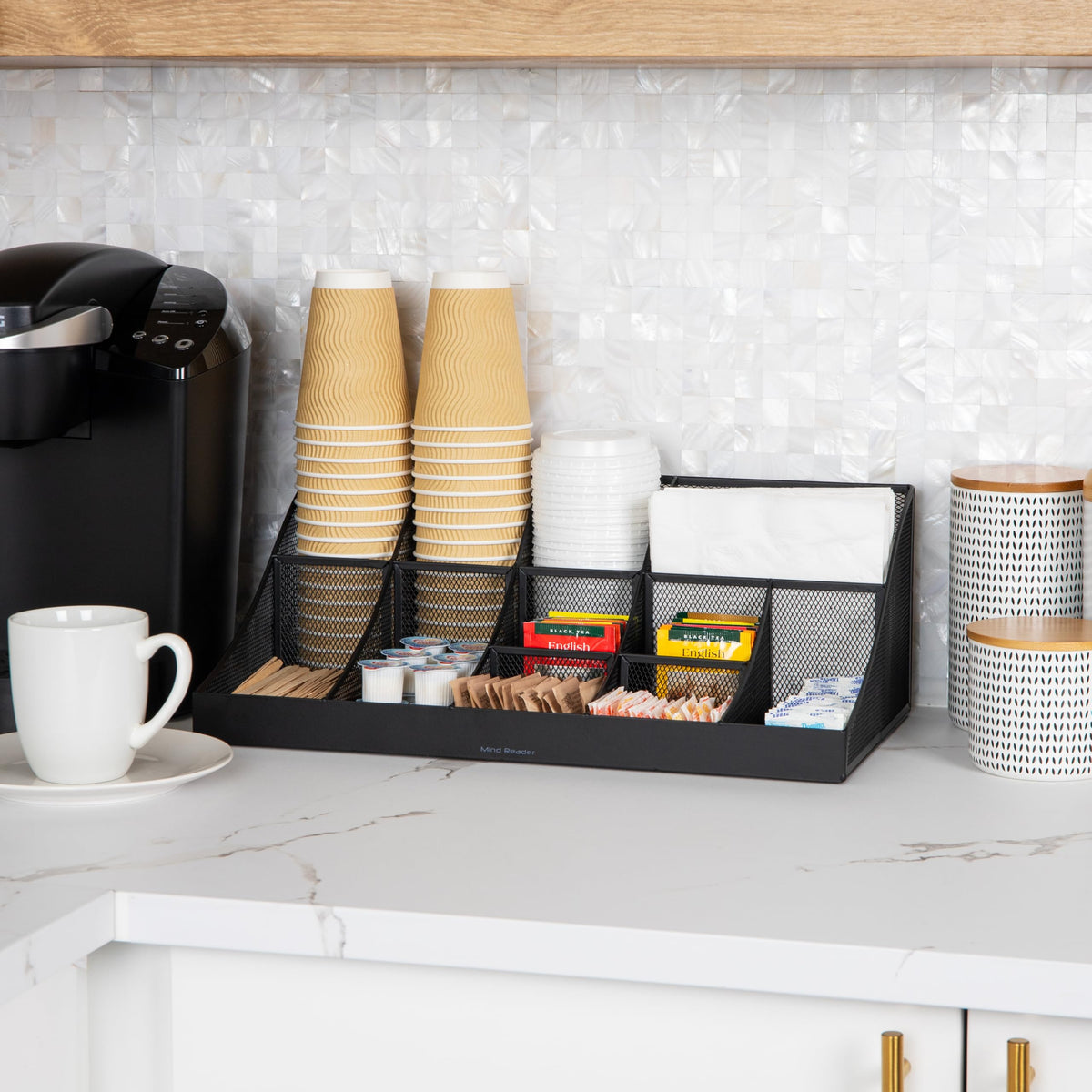 Mind Reader breakroom 11-compartments organizes cups, napkins, and utensils.