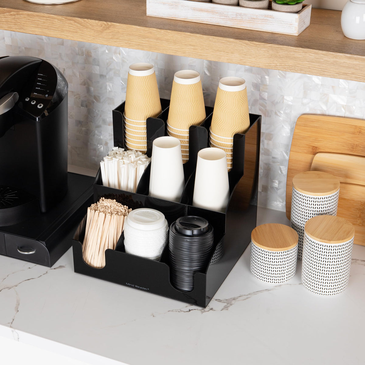 Mind Reader Cup and Condiment Station black finish complements modern kitchen decor.