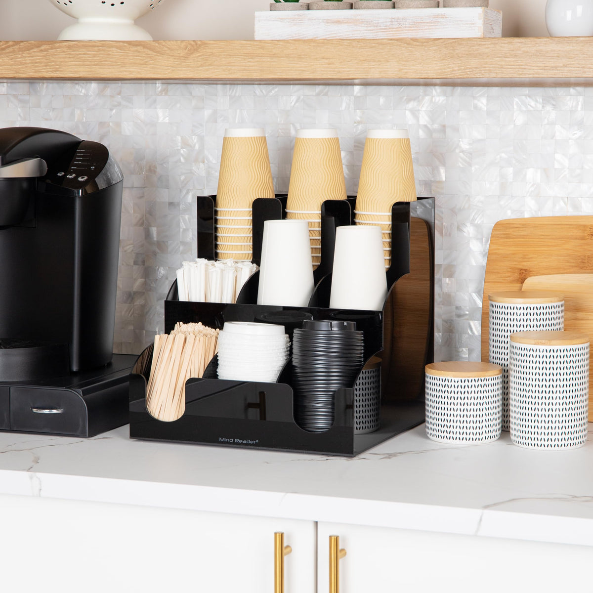 Mind Reader Condiment Station with cups and lids demonstrates compact, clutter-free counter.