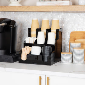 Mind Reader Condiment Station with cups and lids demonstrates compact, clutter-free counter.