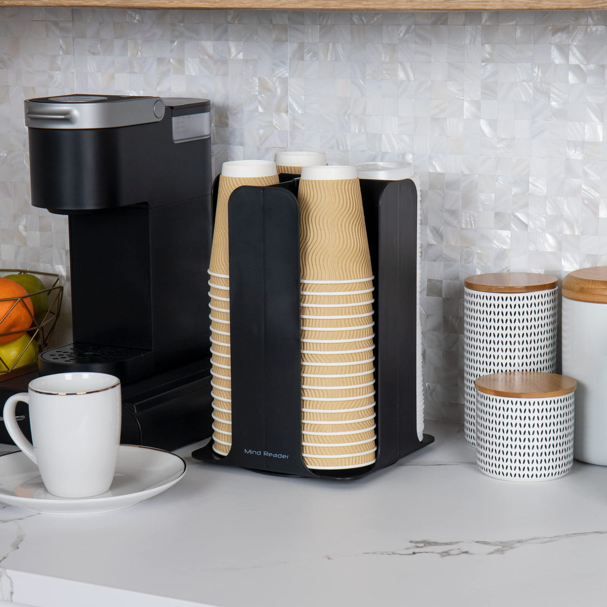 Mind Reader Cup and Lid Carousel rotating design boosts efficiency at busy coffee stations.