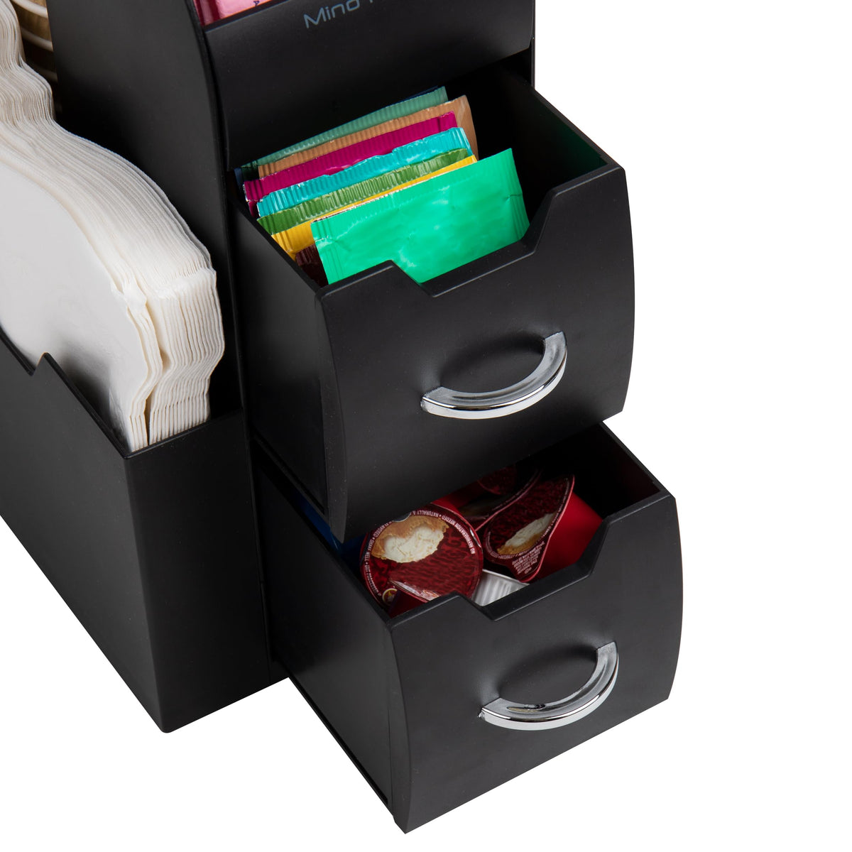 Mind Reader Cup and Condiment Station on countertop, sleek black design saves counter space.