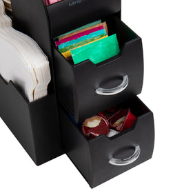 Mind Reader Cup and Condiment Station on countertop, sleek black design saves counter space.