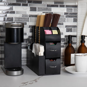 Mind Reader Cup and Condiment Station, drawer open, shows versatile storage for utensils and pods.