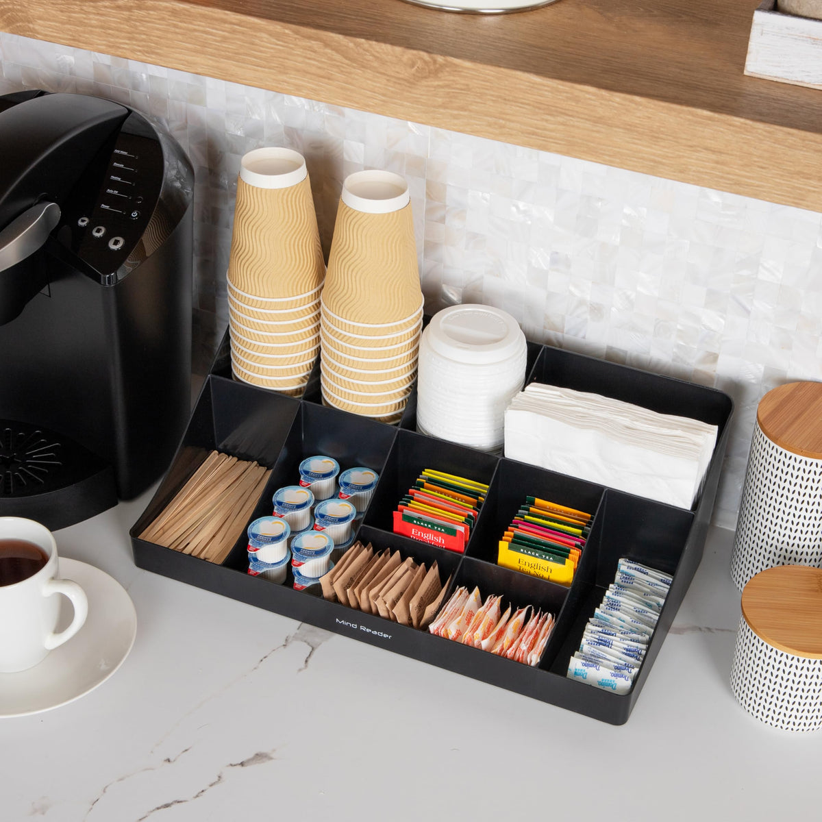 Mind Reader Cup and Condiment Station durable plastic construction for daily office use