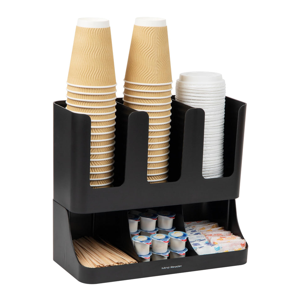 Mind Reader Cup and Condiment Station front view showing organized cup and lid storage for busy offices