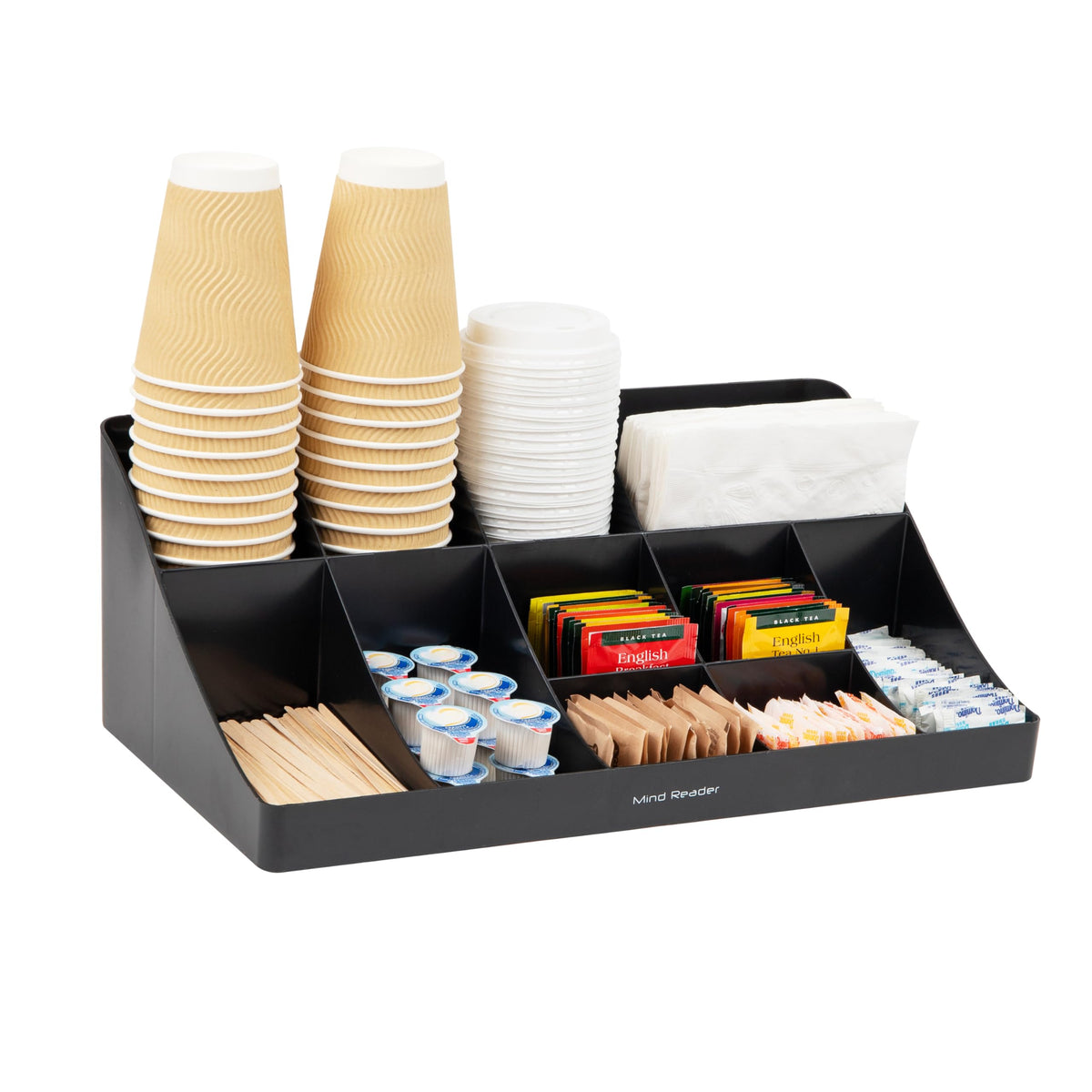 Mind Reader Cup and Condiment Station front view with 11 compartments for quick access
