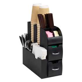 Mind Reader Cup and Condiment Station, front view, keeps coffee bar neatly organized.