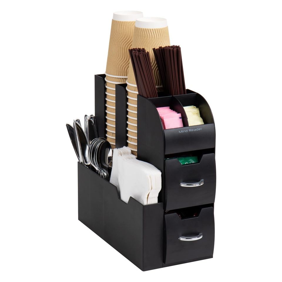 Mind Reader Cup and Condiment Station, front view, keeps coffee bar neatly organized.