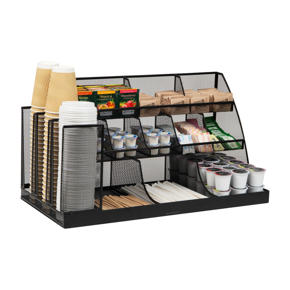 Mind Reader Cup and Condiment Station front view with 14 compartments for quick access