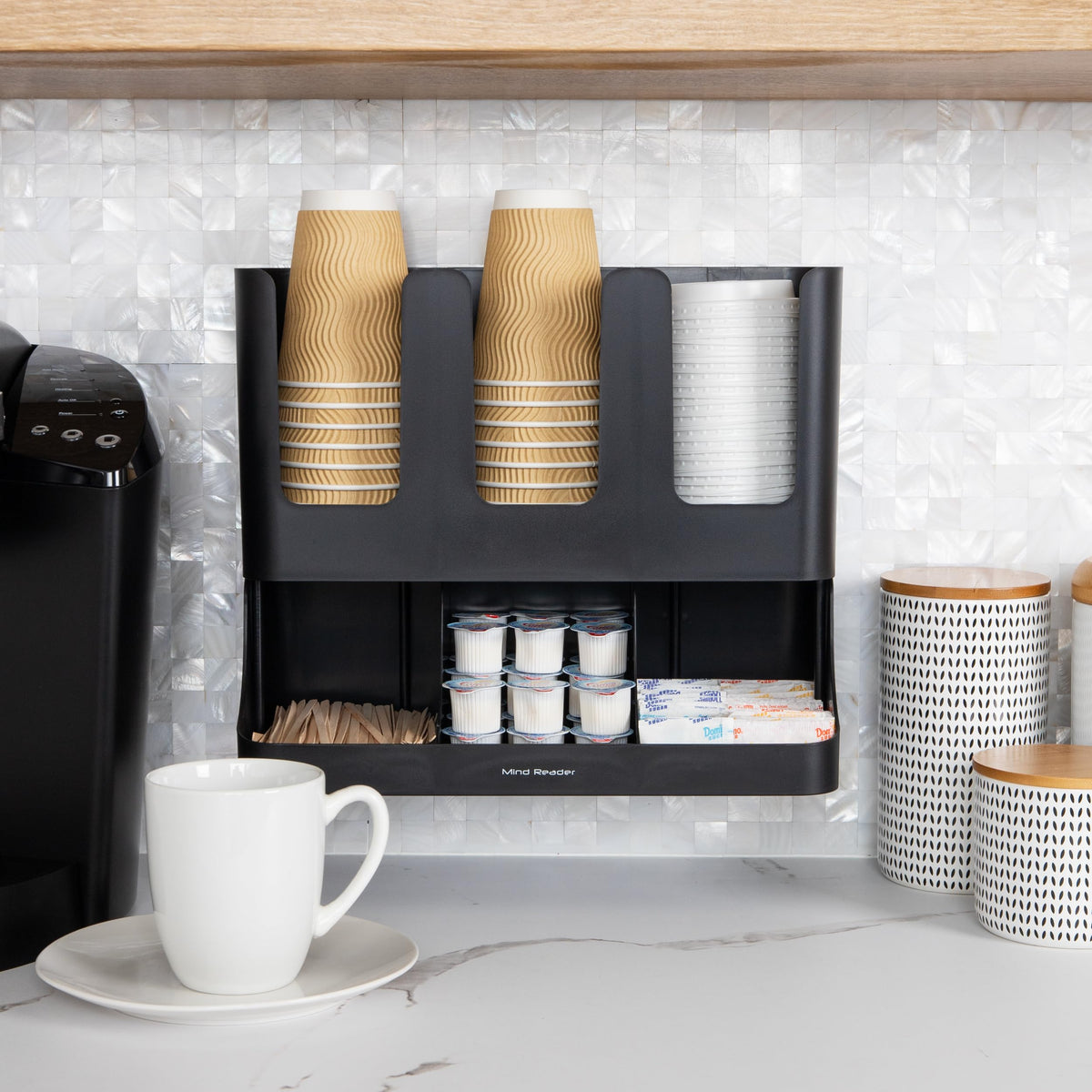 Mind Reader Cup and Condiment Station lids stirrers and packets area for rapid beverage prep