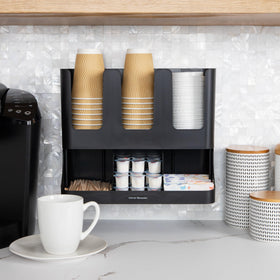 Mind Reader Cup and Condiment Station lids stirrers and packets area for rapid beverage prep