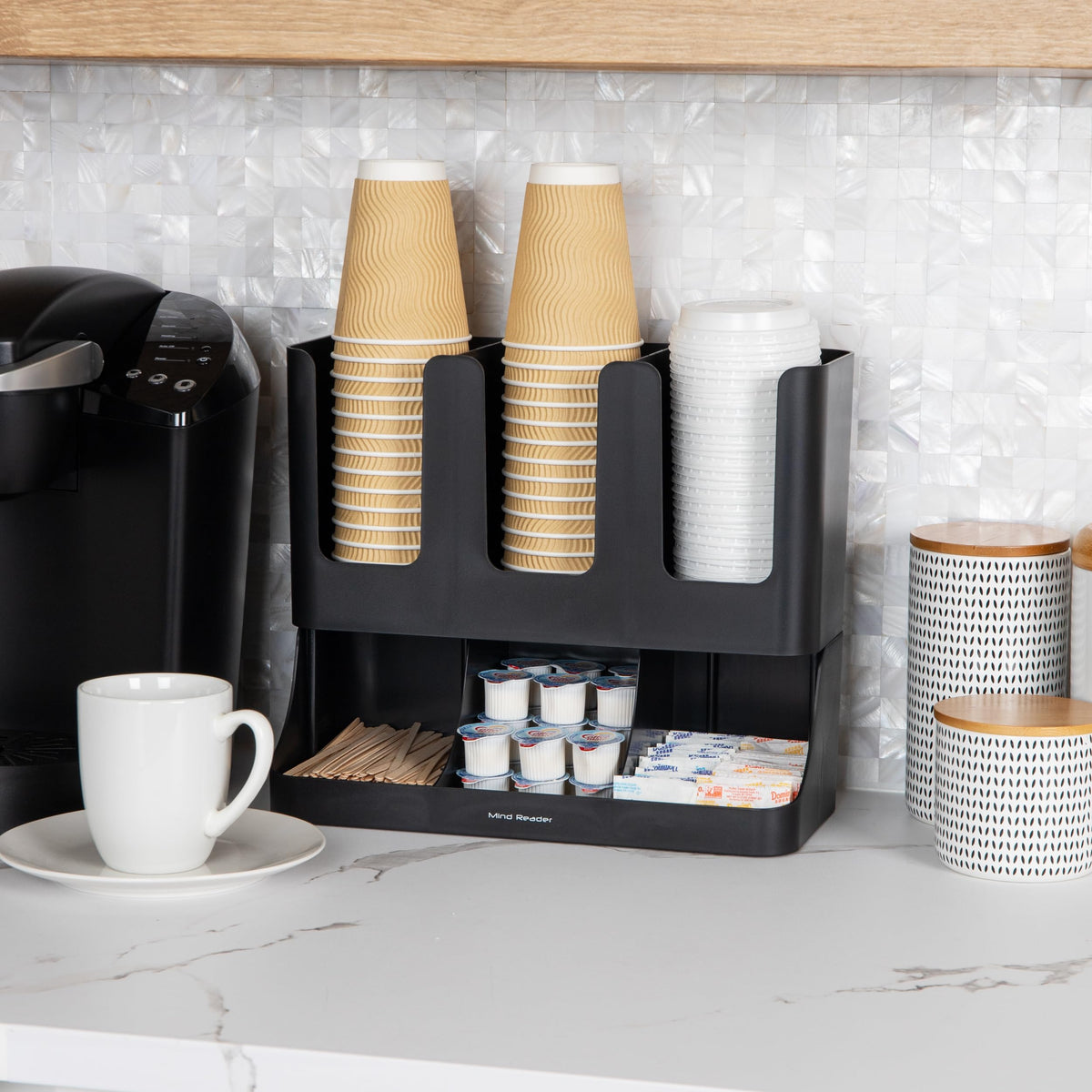 Mind Reader Cup and Condiment Station top view highlighting six compartments for essentials